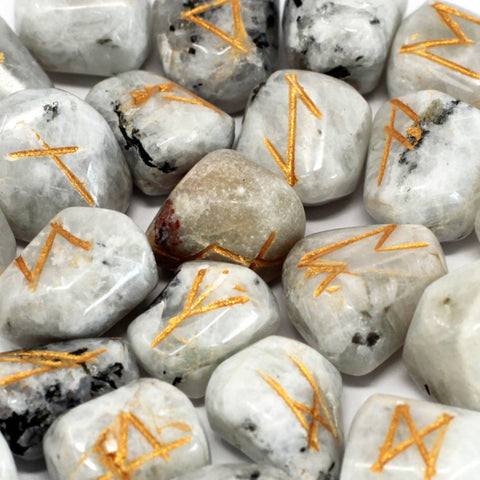 Runes Stone Set in Pouch- Rainbow Moonstone