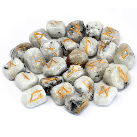 Runes Stone Set in Pouch- Rainbow Moonstone