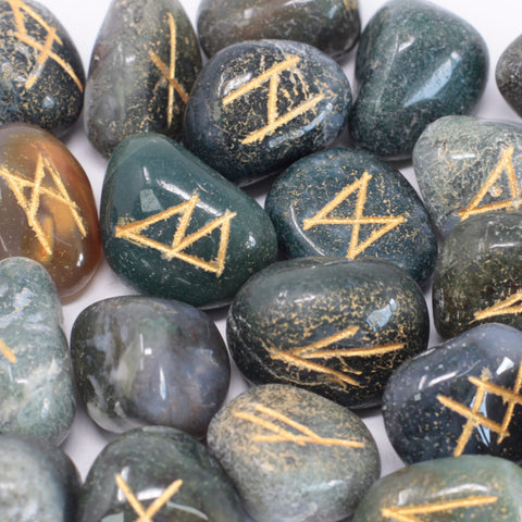 Runes Stone Set in Pouch- Moss Agate