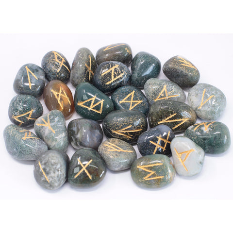 Runes Stone Set in Pouch- Moss Agate
