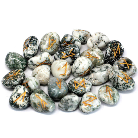Runes Stone Set in Pouch- Tree Agate