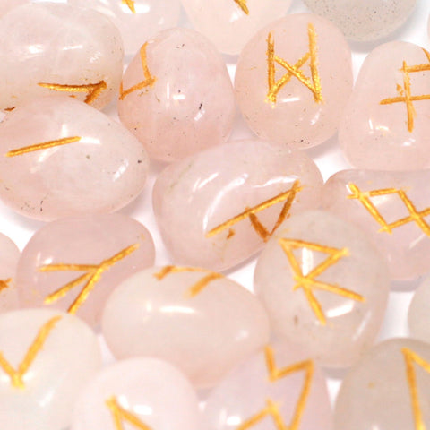 Runes Stone Set in Pouch- Rose Quartz