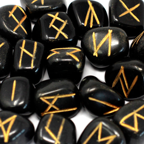 Runes Stone Set in Pouch- Black Agate