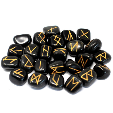 Runes Stone Set in Pouch- Black Agate