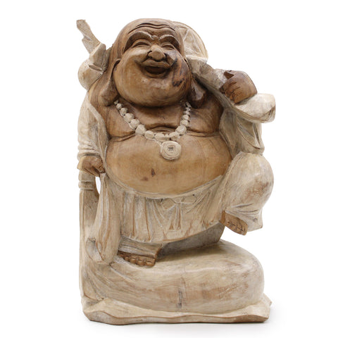 Hand Carved Happy Buddha Bring Wood - Whitewash 30cm