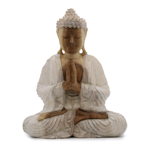 Hand Carved Buddha Statue Whitewash - 30cm Welcome