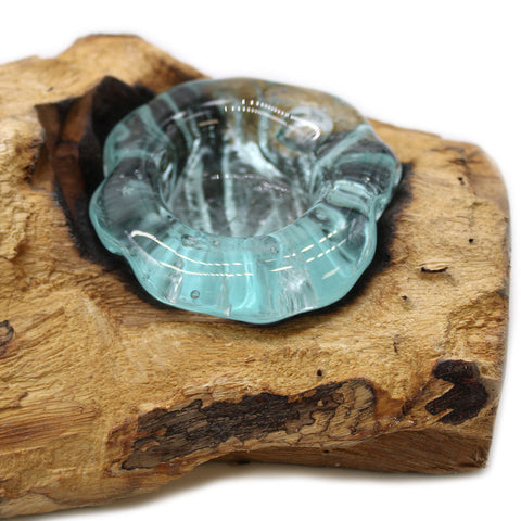 Molten Glass Candle Holders on Rustic Gamal Wood,