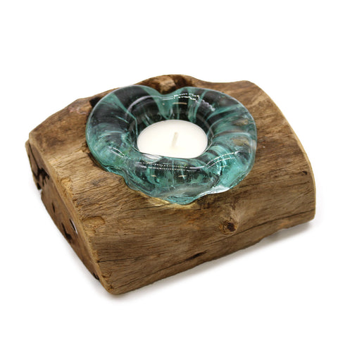 Molten Glass Candle Holders on Rustic Gamal Wood,