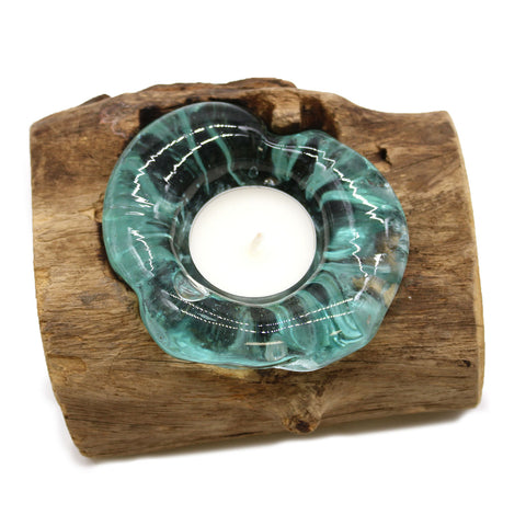 Molten Glass Candle Holders on Rustic Gamal Wood,