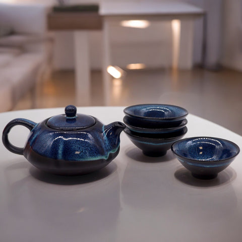 Ceramic Herbal Blues Teapot Set - Pot & Four Cups