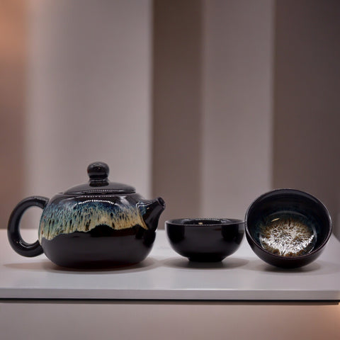 Herbal Black Glazed Teapot Set - Pot & Two Cups