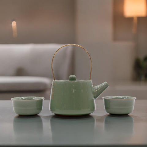Ceramic Herbal Jade Teapot Set - Pot & Two Cups