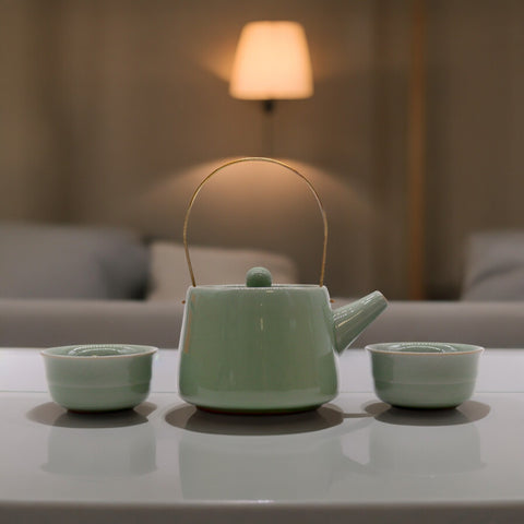 Ceramic Herbal Jade Teapot Set - Pot & Two Cups