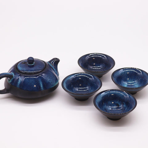 Ceramic Herbal Blues Teapot Set - Pot & Four Cups