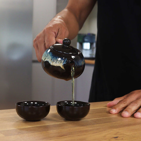 Herbal Black Glazed Teapot Set - Pot & Two Cups