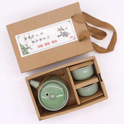 Ceramic Herbal Jade Teapot Set - Pot & Two Cups