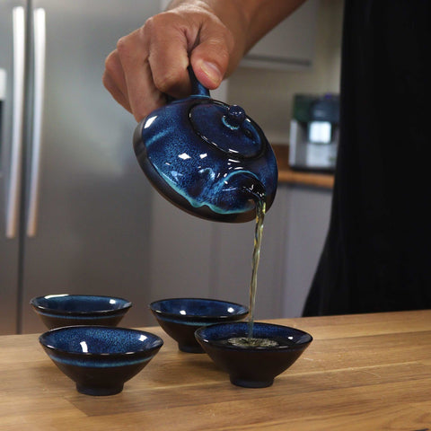 Ceramic Herbal Blues Teapot Set - Pot & Four Cups