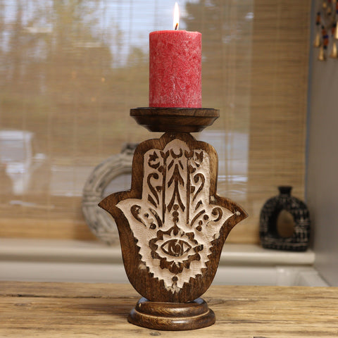 Mango Wood Candle Stand Hamsa