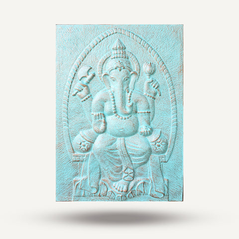 Large Buddha Ganpati Metal Iron Frame Gold Turquoise Wall Relief - 0.7x1m