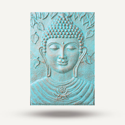 Large Buddha Ganpati Metal Iron Frame Gold Turquoise Wall Relief - 0.7x1m