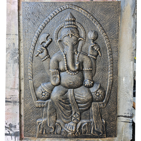 Large Buddha Ganpati Metal Iron Frame Gold Turquoise Wall Relief - 0.7x1m