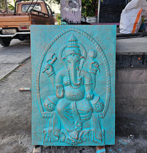 Large Buddha Ganpati Metal Iron Frame Gold Turquoise Wall Relief - 0.7x1m