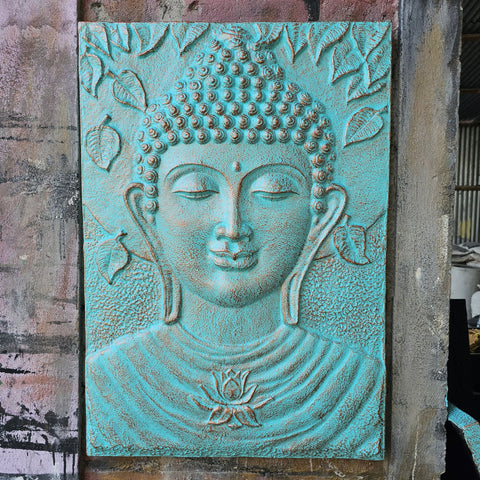 Large Buddha Ganpati Metal Iron Frame Gold Turquoise Wall Relief - 0.7x1m