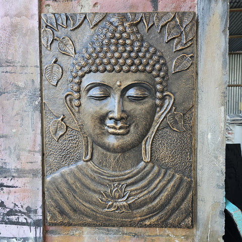 Large Buddha Ganpati Metal Iron Frame Gold Turquoise Wall Relief - 0.7x1m