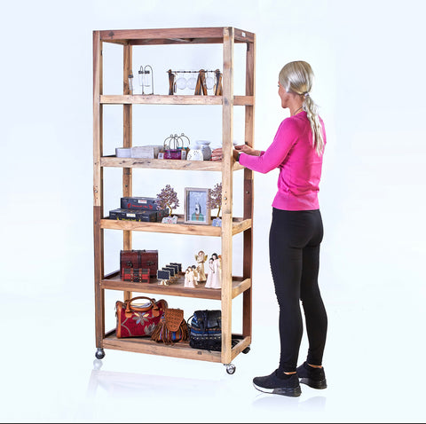 Six Shelf Display with Casters - Recycled Teak Wood