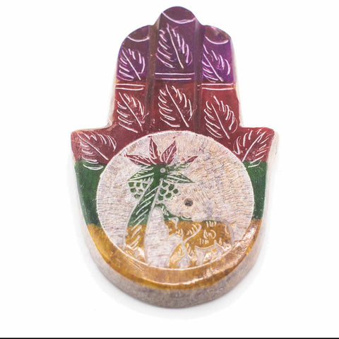 Soapstone Hamsa Incense Holder 9x6cm - Elephant & Palm